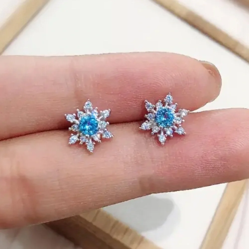 Diamond & Bright Blue Aquamarine Starburst Silver Toned Stud Earrings - Picture 4 of 7
